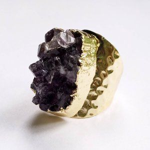 Dramatic Genuine Amethyst Geode Cocktail Ring 83.3 carats Adjustable Brass Band
